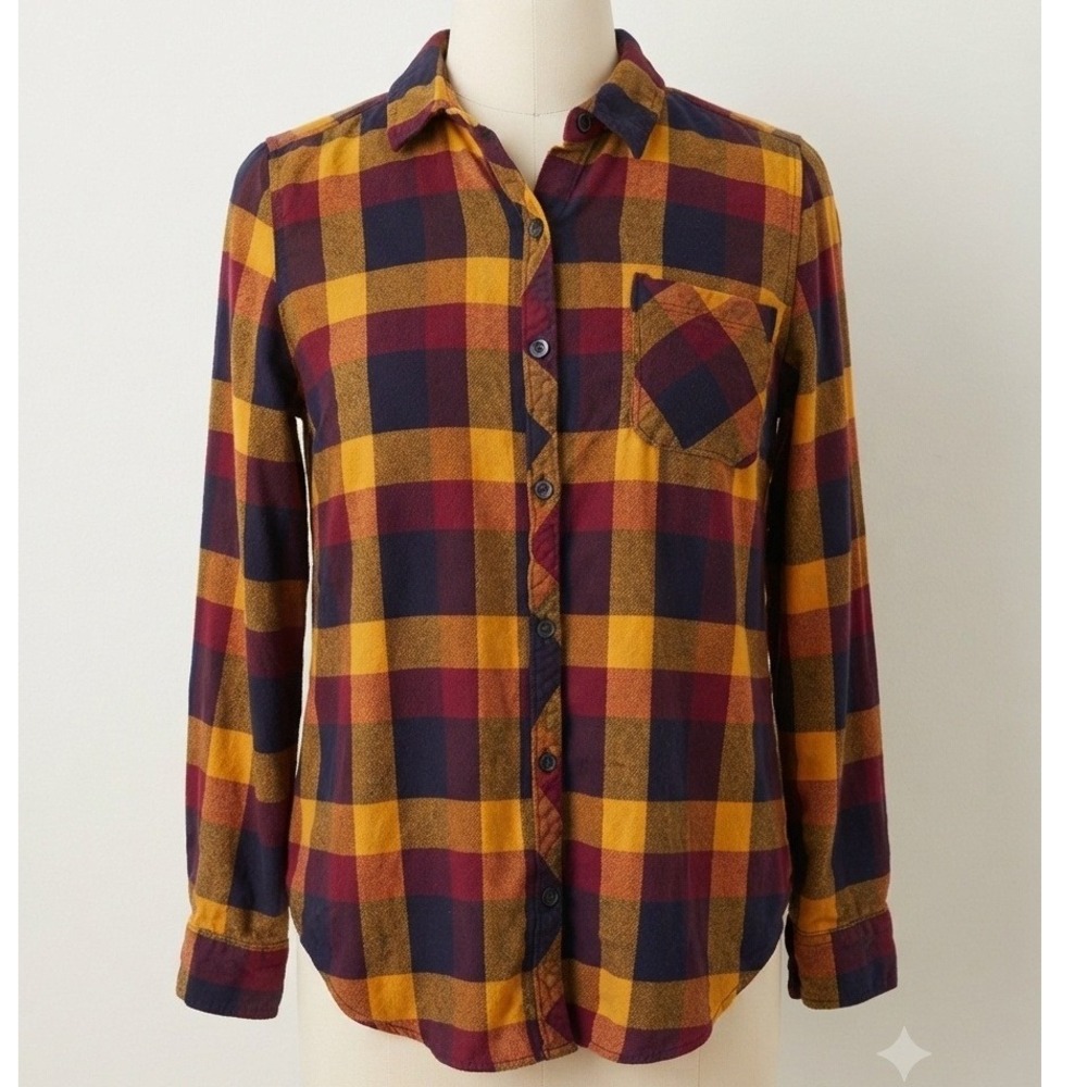 Time and Tru Women Plaid Button Down Shirt Mustard Burgundy Navy Rayon Medium